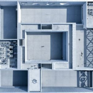 an overhead view of a building with a lot of electrical equipment